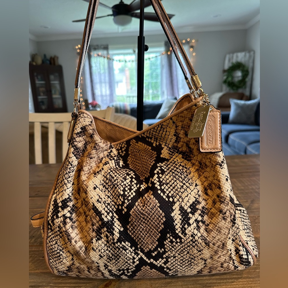 Coach Tan and Black Shoulder Bag with Snakeskin Pattern